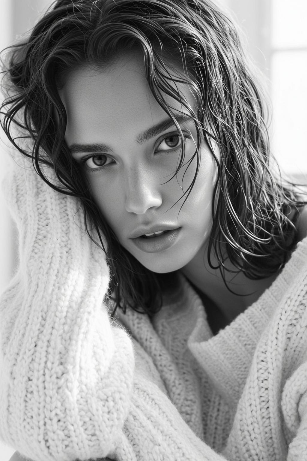 Black And White Medium Close-up Portrait Young Woman With Wet