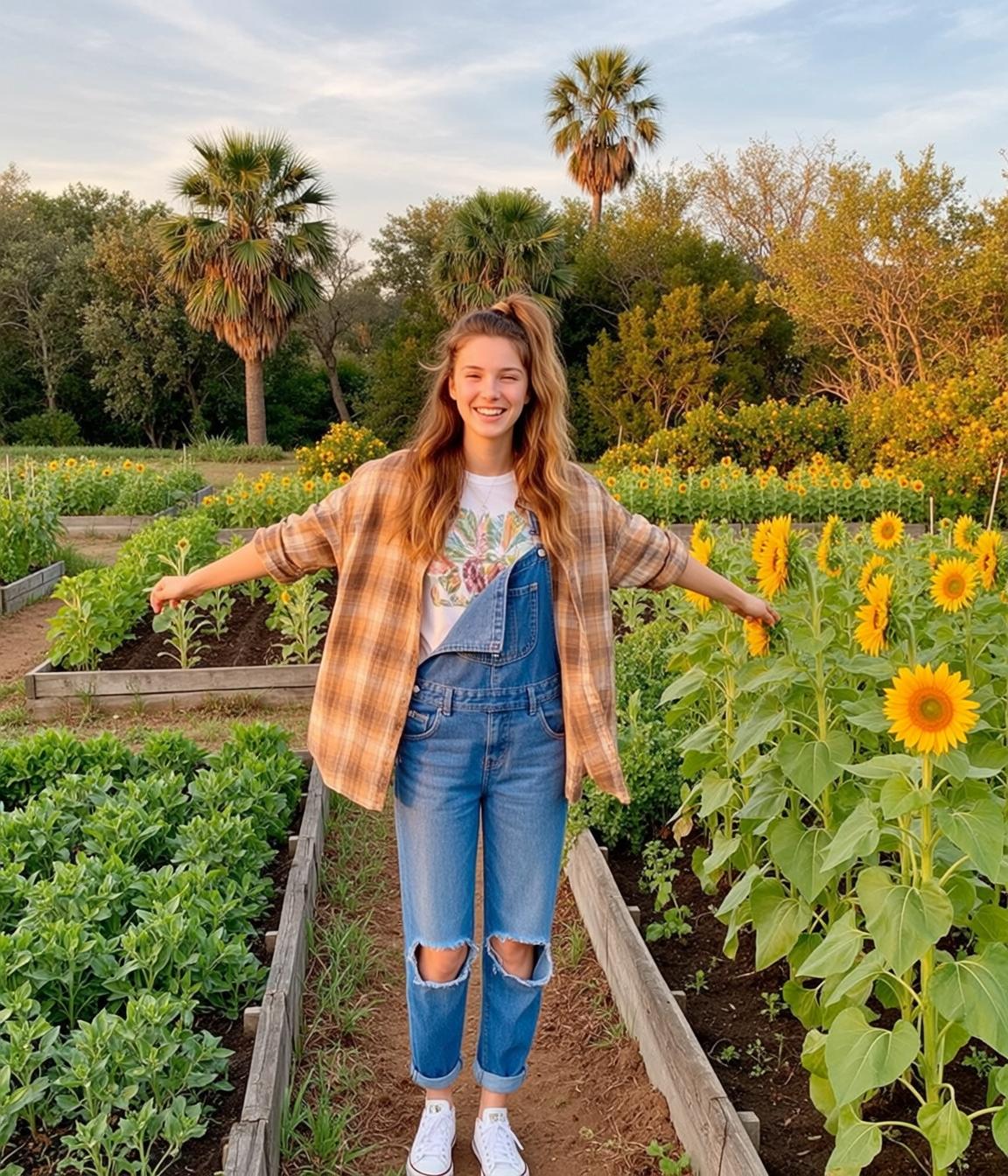 Sunflower Field Happy Woman Plaid Flannel