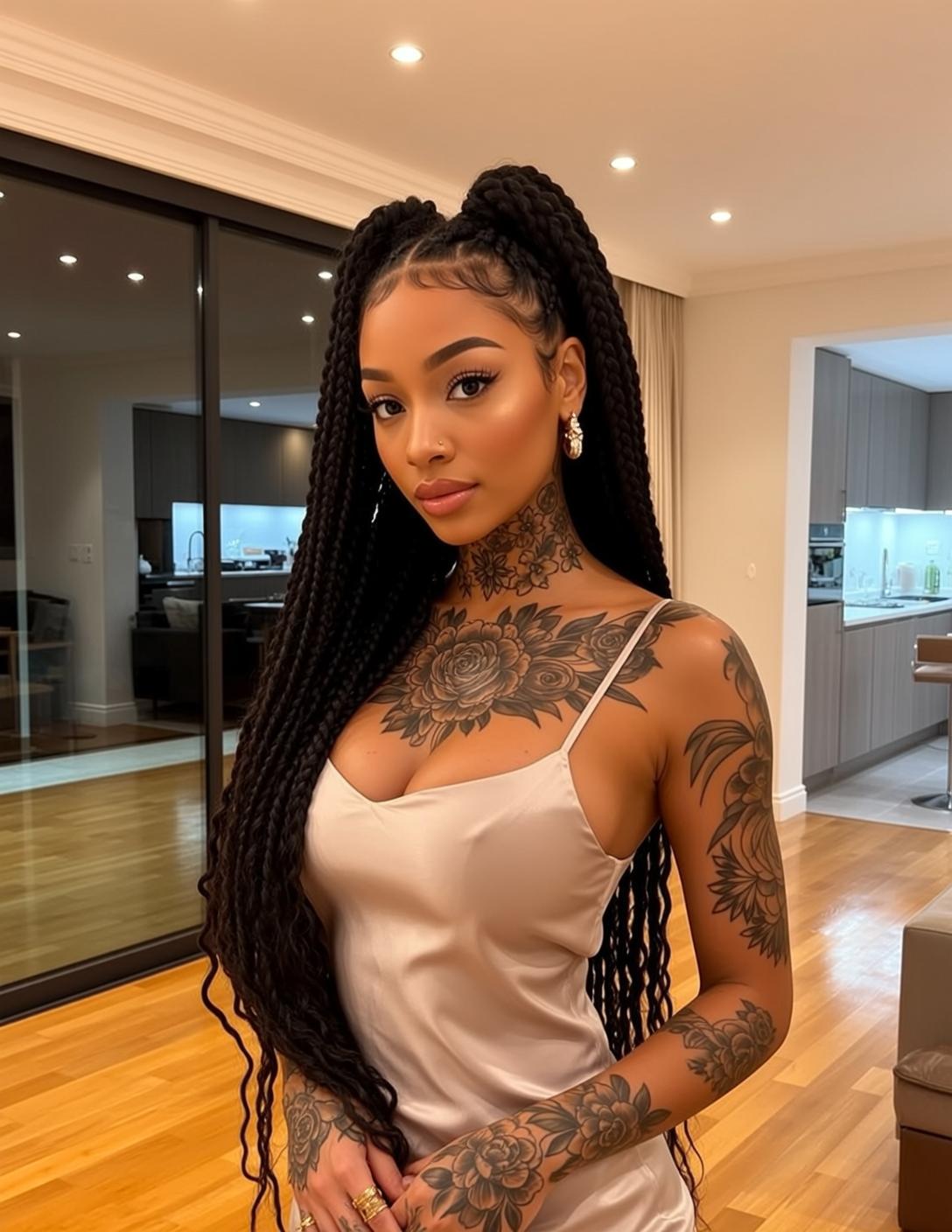 Beige Slip Dress Floral Tattoos