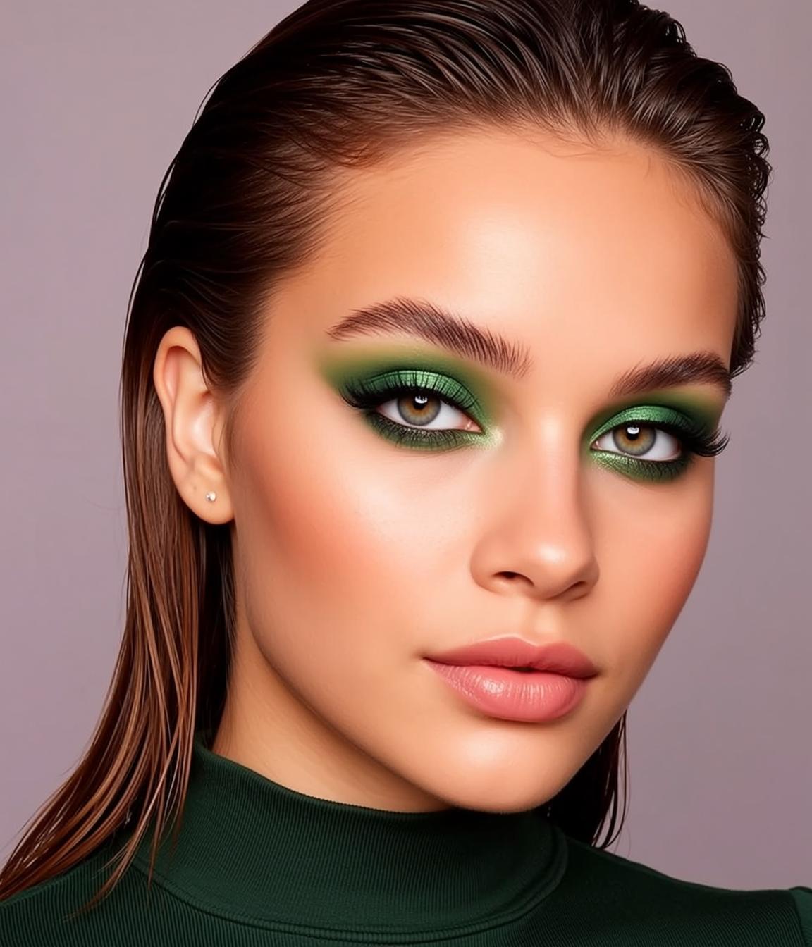 Photorealistic Portrait Young Woman With Wet Dark Brown Hair Slicked