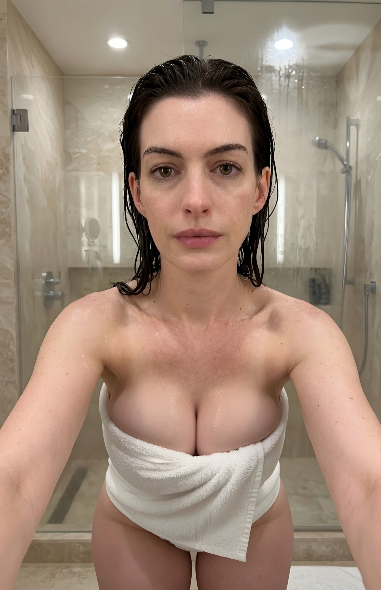 Close-up selfie of a person with wet hair in a luxury bathroom, wrapped in a terry-cloth towel.