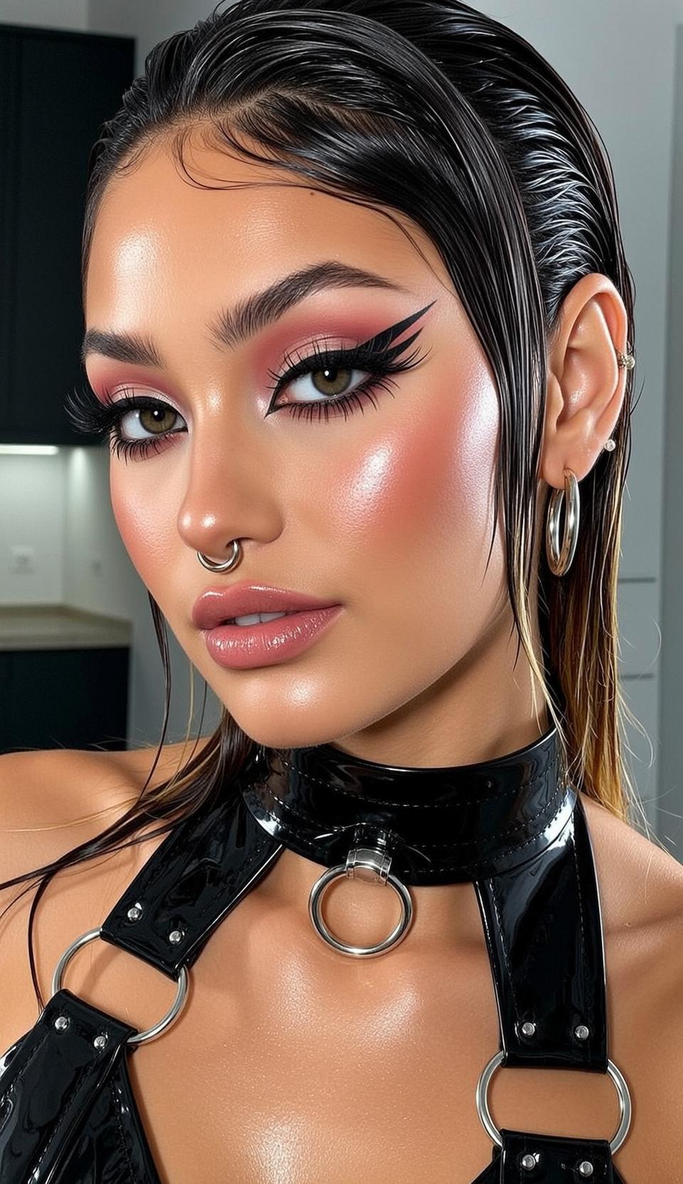 Close-up Head-and-shoulders Portrait Young Woman With Wet Dark Hair Slicked
