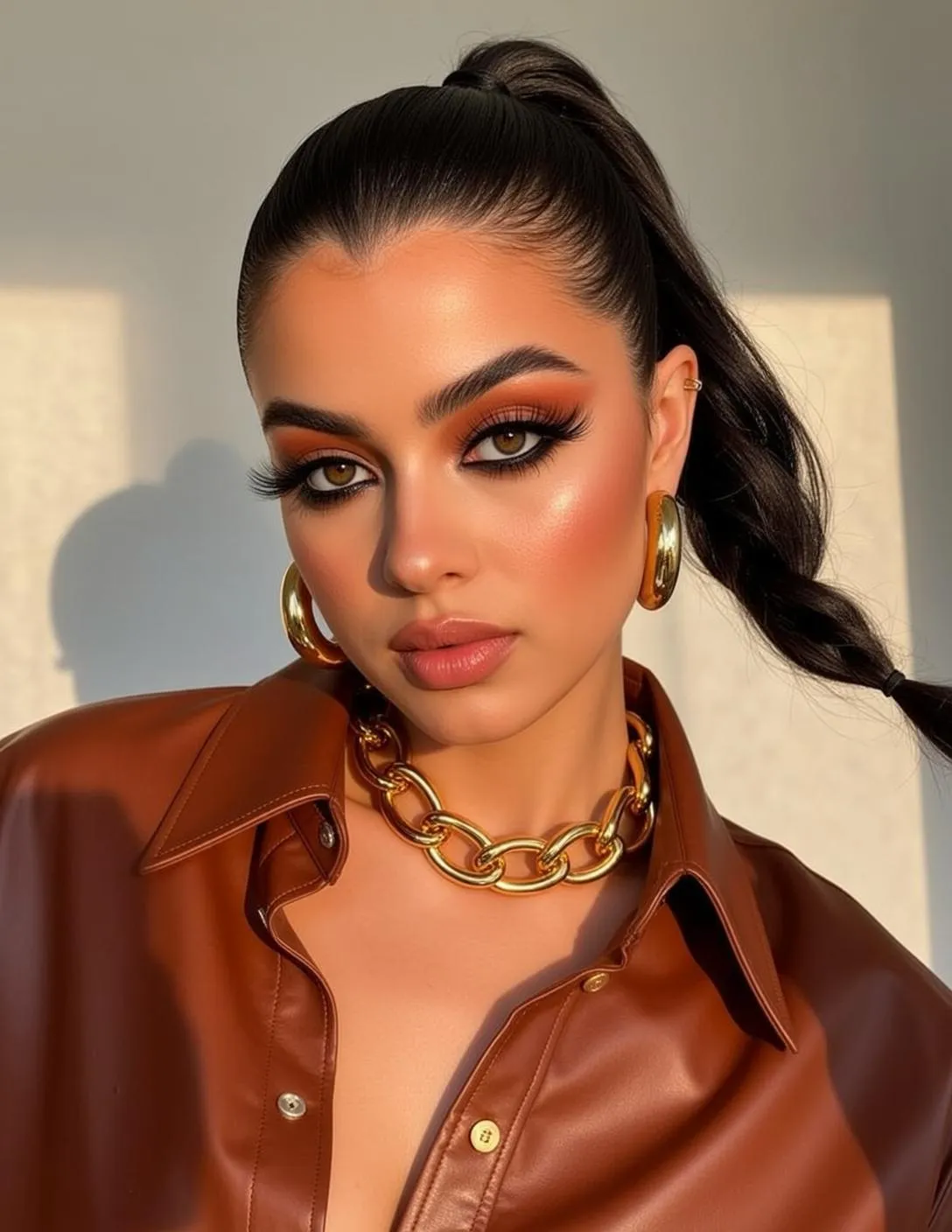 Young Woman Brown Leather Shirt Gold Jewelry
