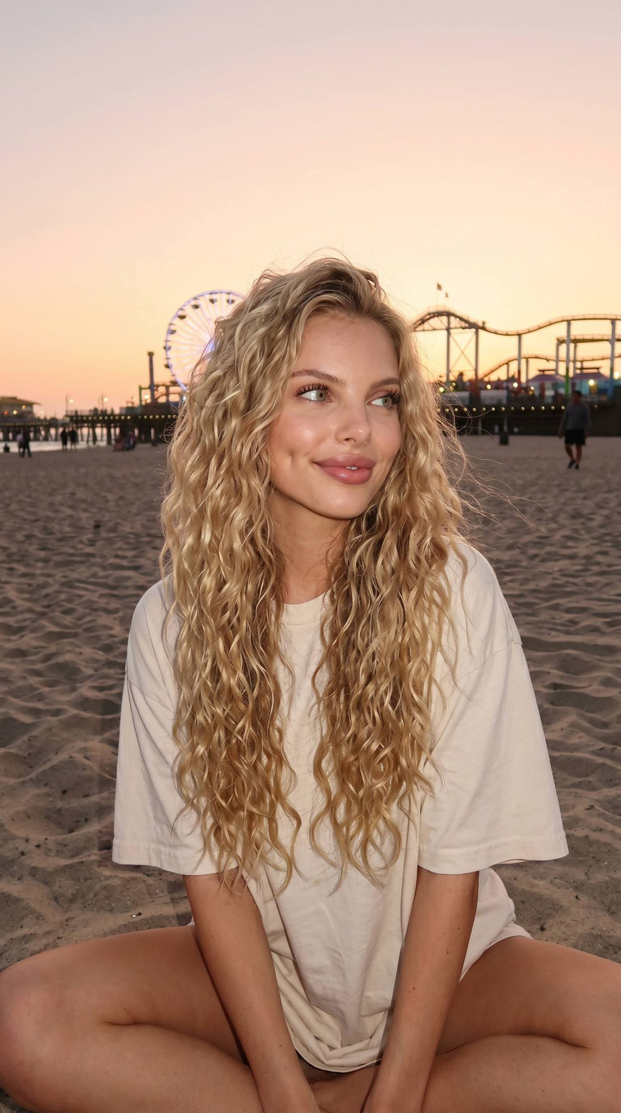 A beautiful woman with long thick hair in beach waves, sitting on a sandy beach during sunset, wearing a loose cream t-shirt with natural light highlights.