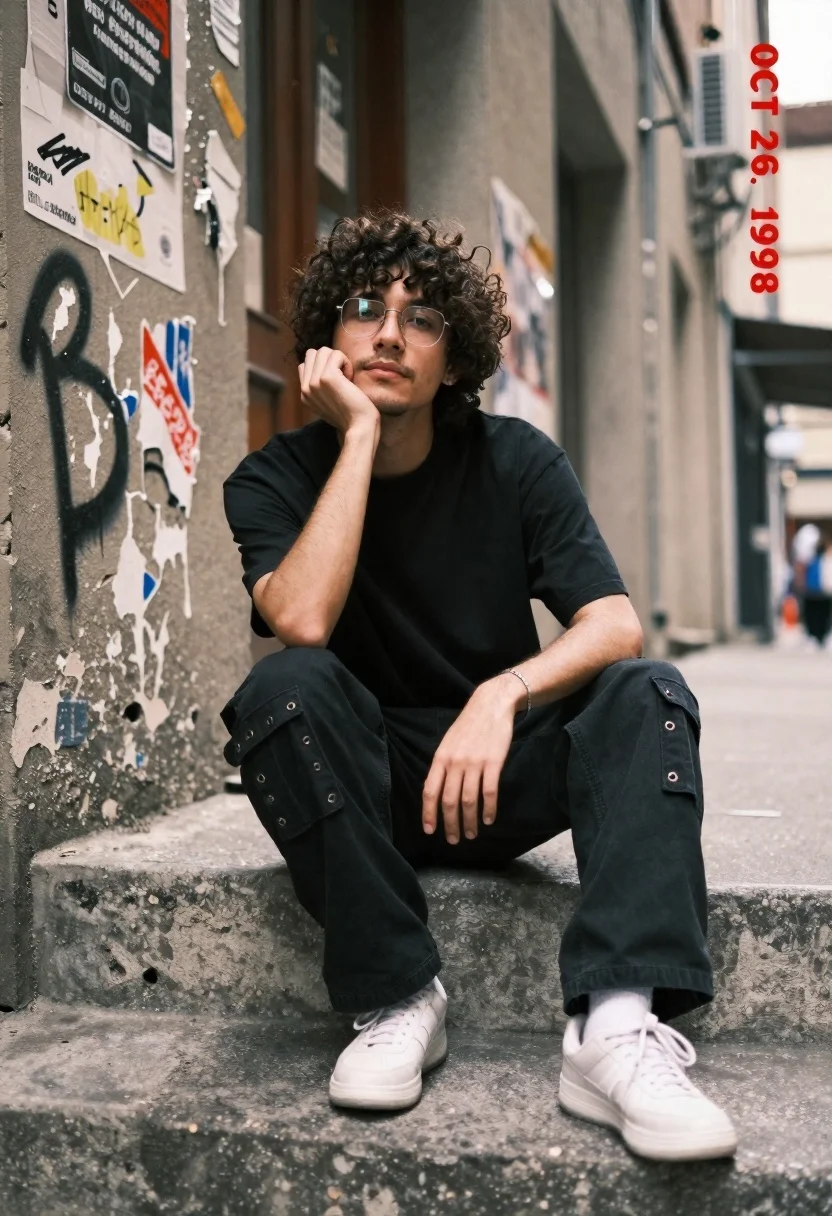 Young Man With Curly Dark Hair Sits Concrete Steps Urban