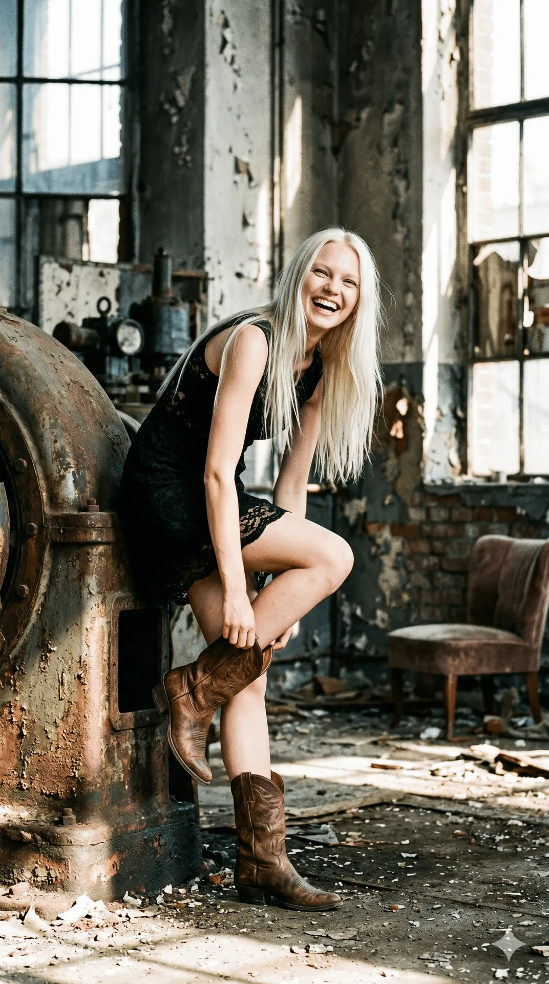 Laughing Woman In Lace Dress Cowboy Boots Abandoned Factory
