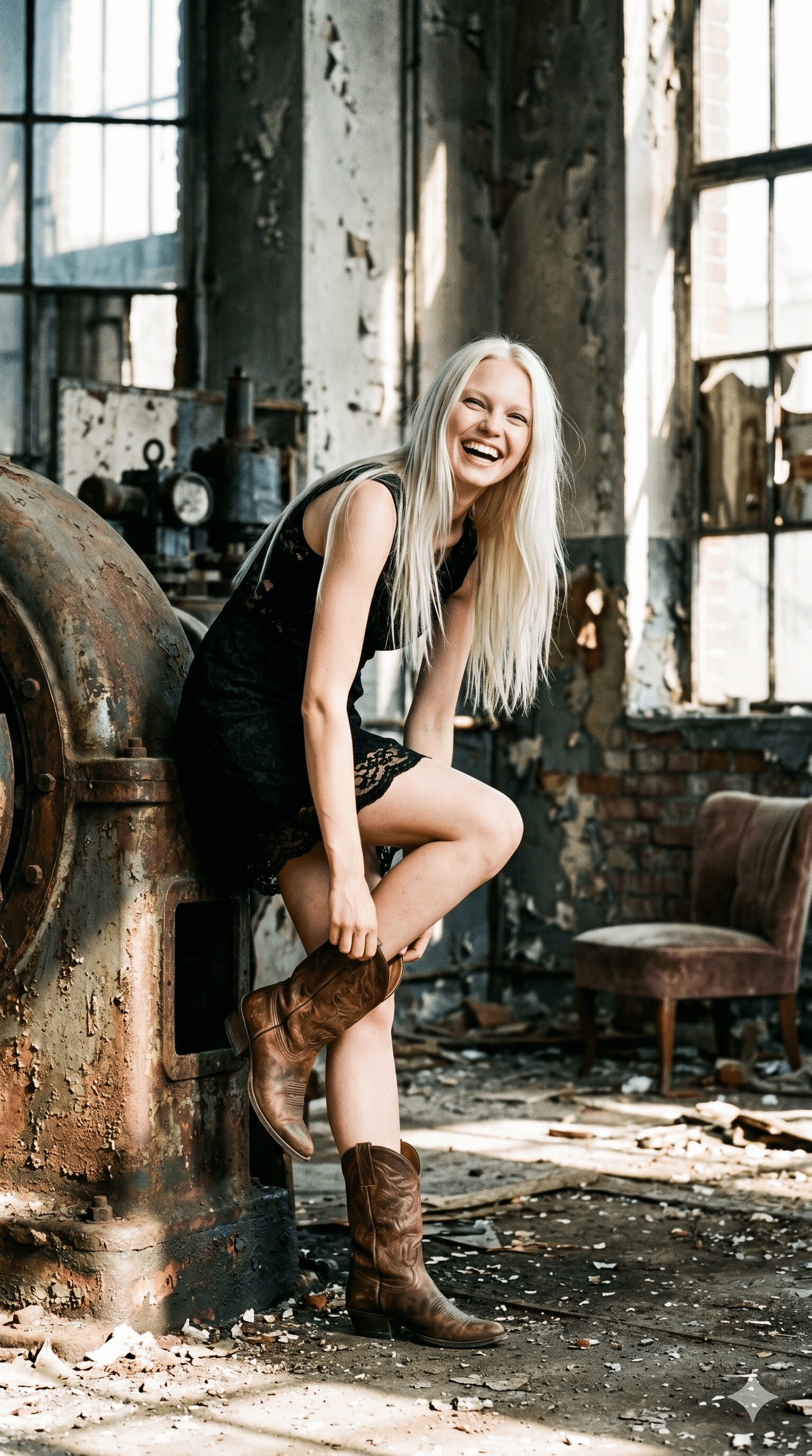 Laughing Woman In Lace Dress Cowboy Boots Abandoned Factory