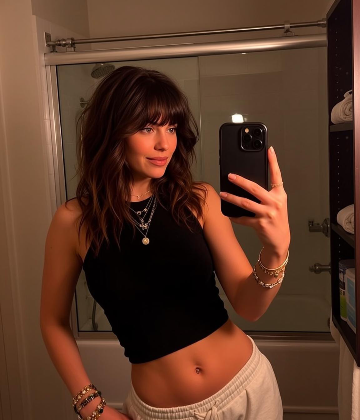 Explore Stands Bathroom Holding Black Smartphone Her