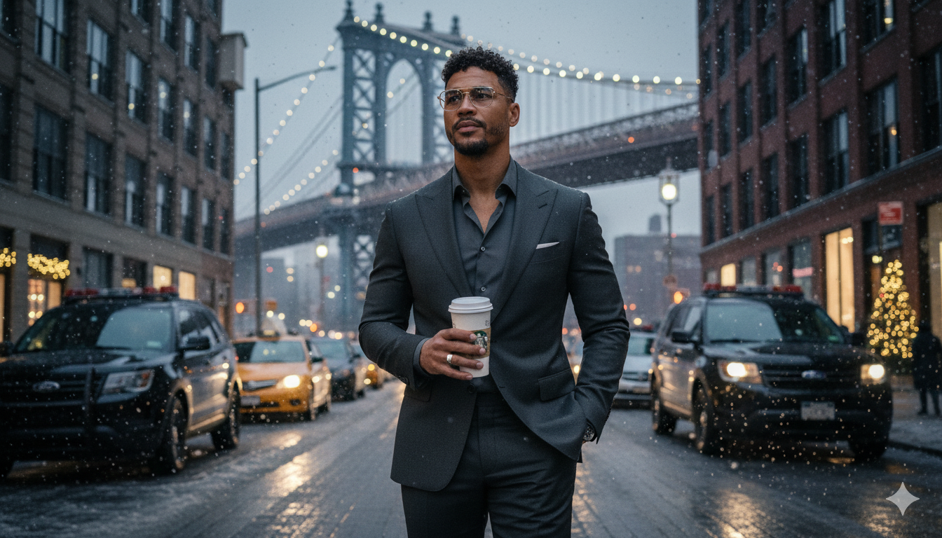 A man in a dark grey suit walking confidently through Manhattan with the Brooklyn Bridge illuminated behind him, holiday decorations sparkling.