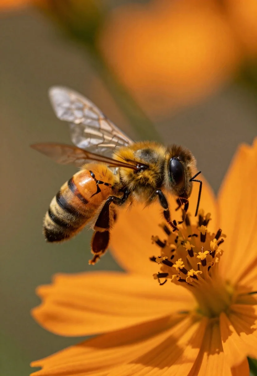 Macro Close-up Fuzzy Bee Hovering Near Orange Flower Subject Large reference photo