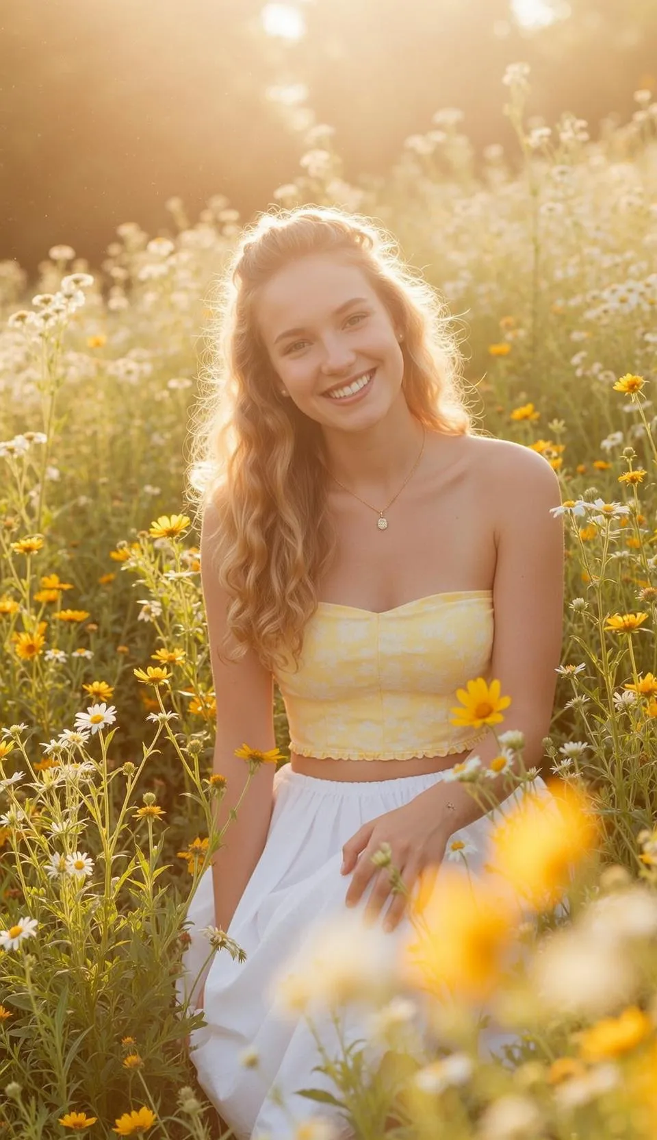Necklace And Rings With Strapless Cropped Yellow Top