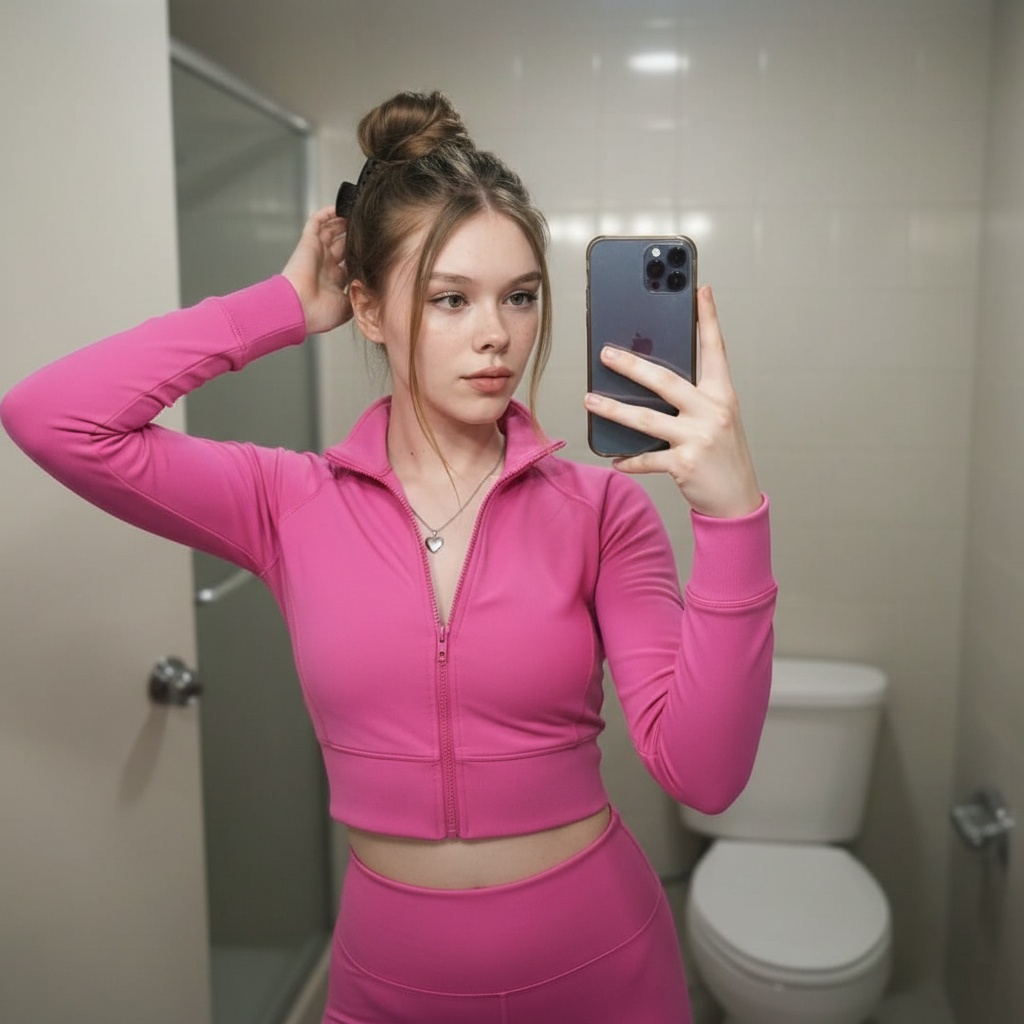 Pink Athletic Outfit Mirror Selfie Bathroom