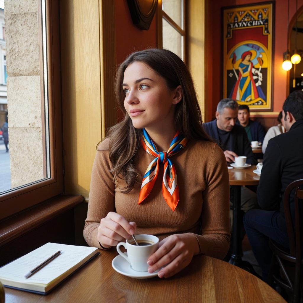 Sits At Small Round Wooden Cafe Table Looking Out Large