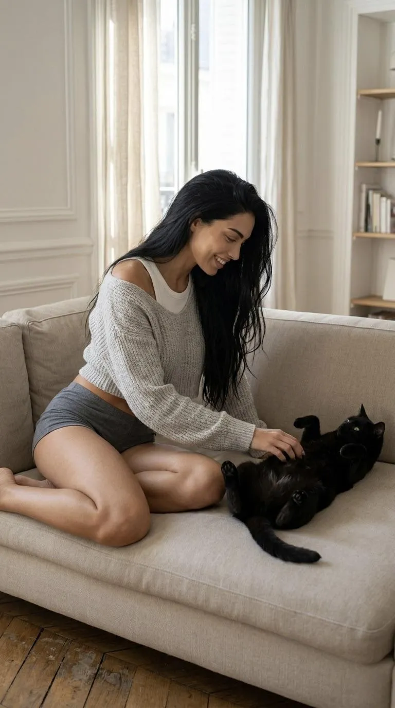 Kneeling Woman Pets Cat On Sofa Bright Room