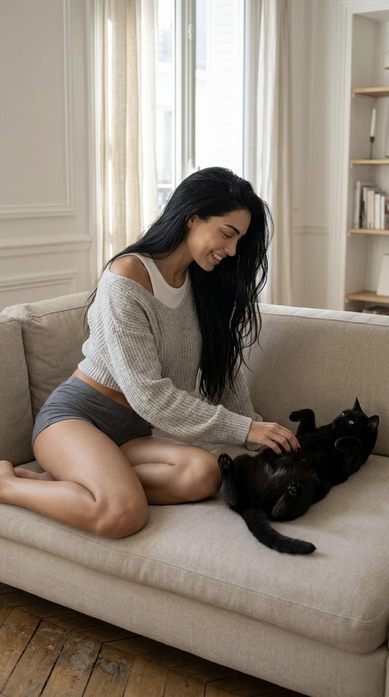 Kneeling Woman Pets Cat On Sofa Bright Room