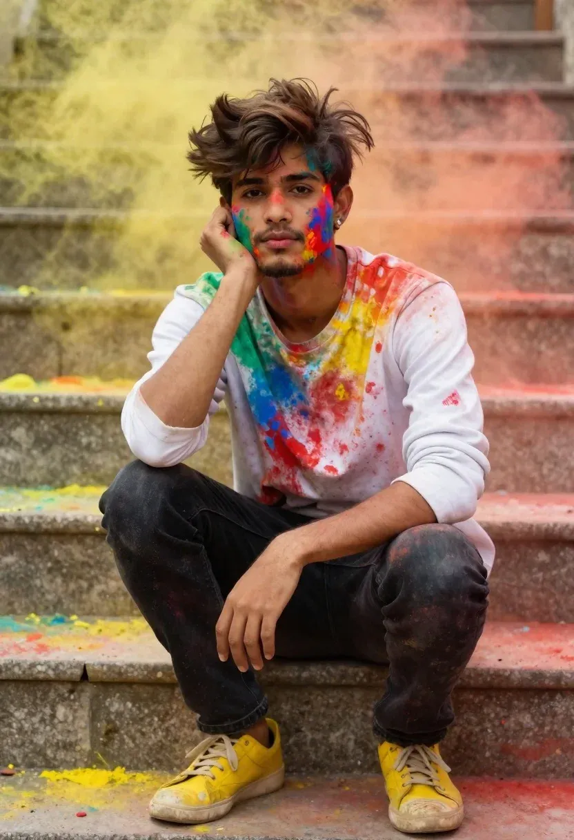 Young Man With Tousled Dark Hair Sits Crouched Stone Steps