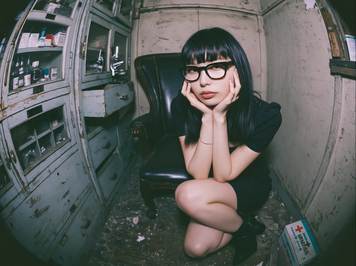 Glasses Crouching In A Dilapidated Room Fisheye Portrait