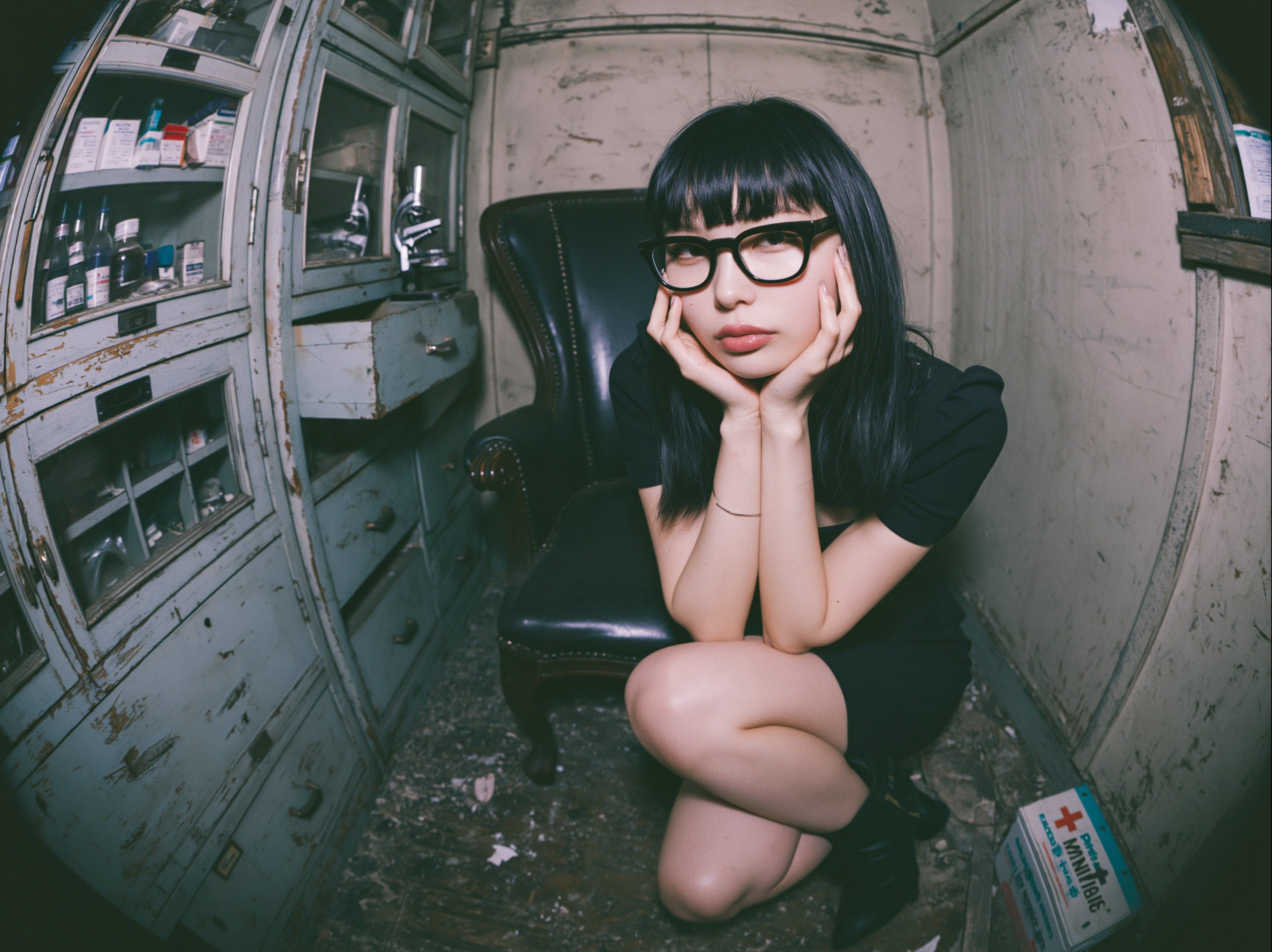 Crouching In Dilapidated Room Fisheye Shot