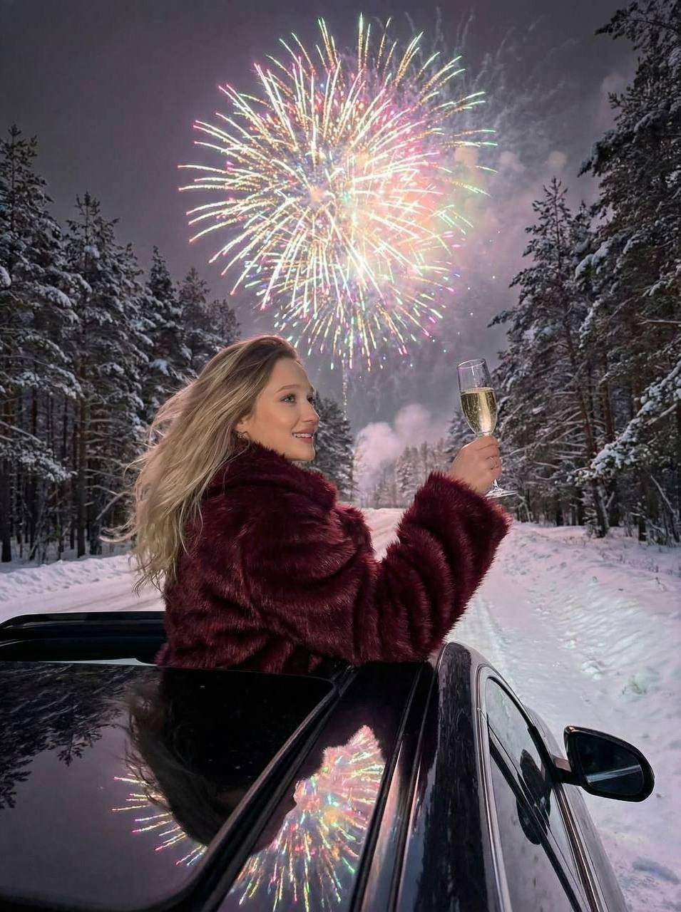 A woman with long hair in a burgundy faux fur coat making a toast with champagne from a dark car under winter fireworks.
