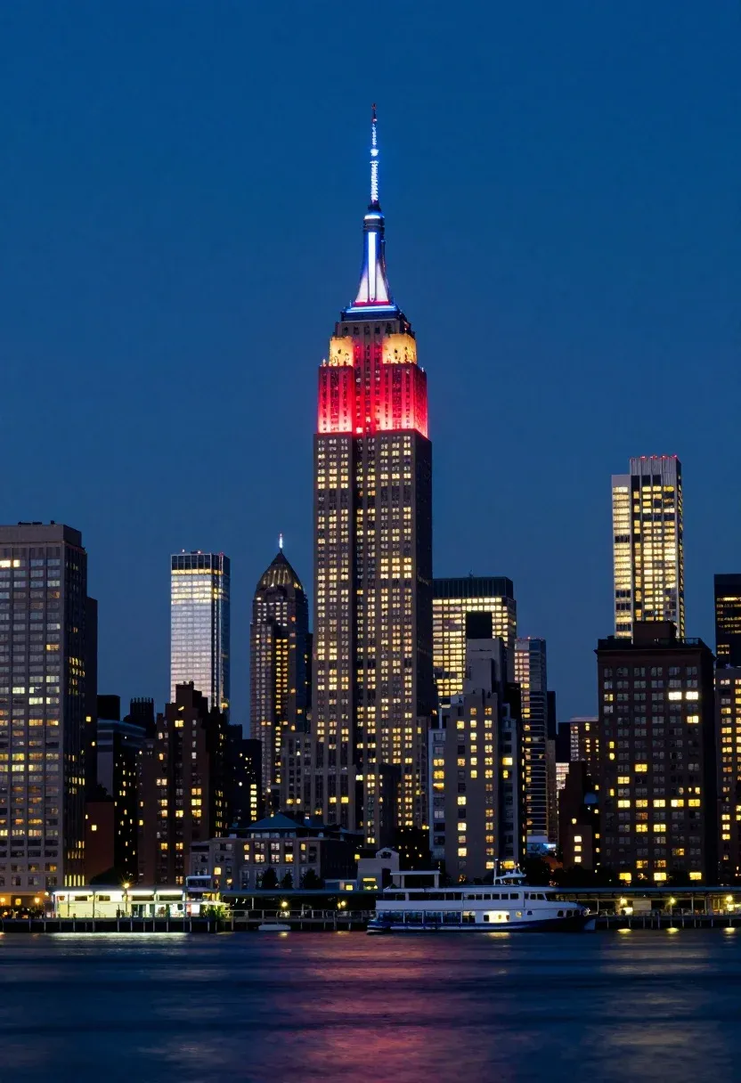 Majestic Nighttime View The Manhattan Skyline Featuring The Empire State