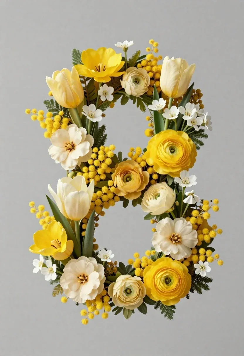High-resolution Digital Artwork Floral Number Composition Against Soft Muted Grey