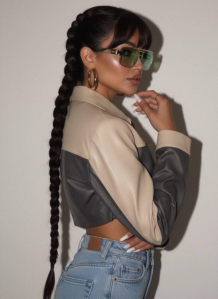 A fierce confident woman in a side profile pose with a long braid, wearing a beige and charcoal cropped two-tone street jacket, light jeans, and gold hoop earrings, set against a minimalist background.