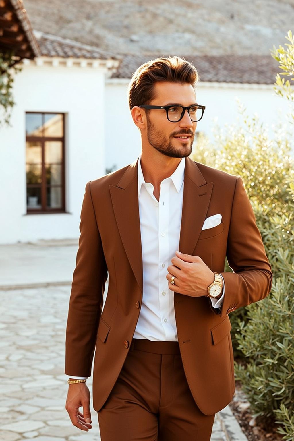 Brown Styled Light White Dress Shirt Suit