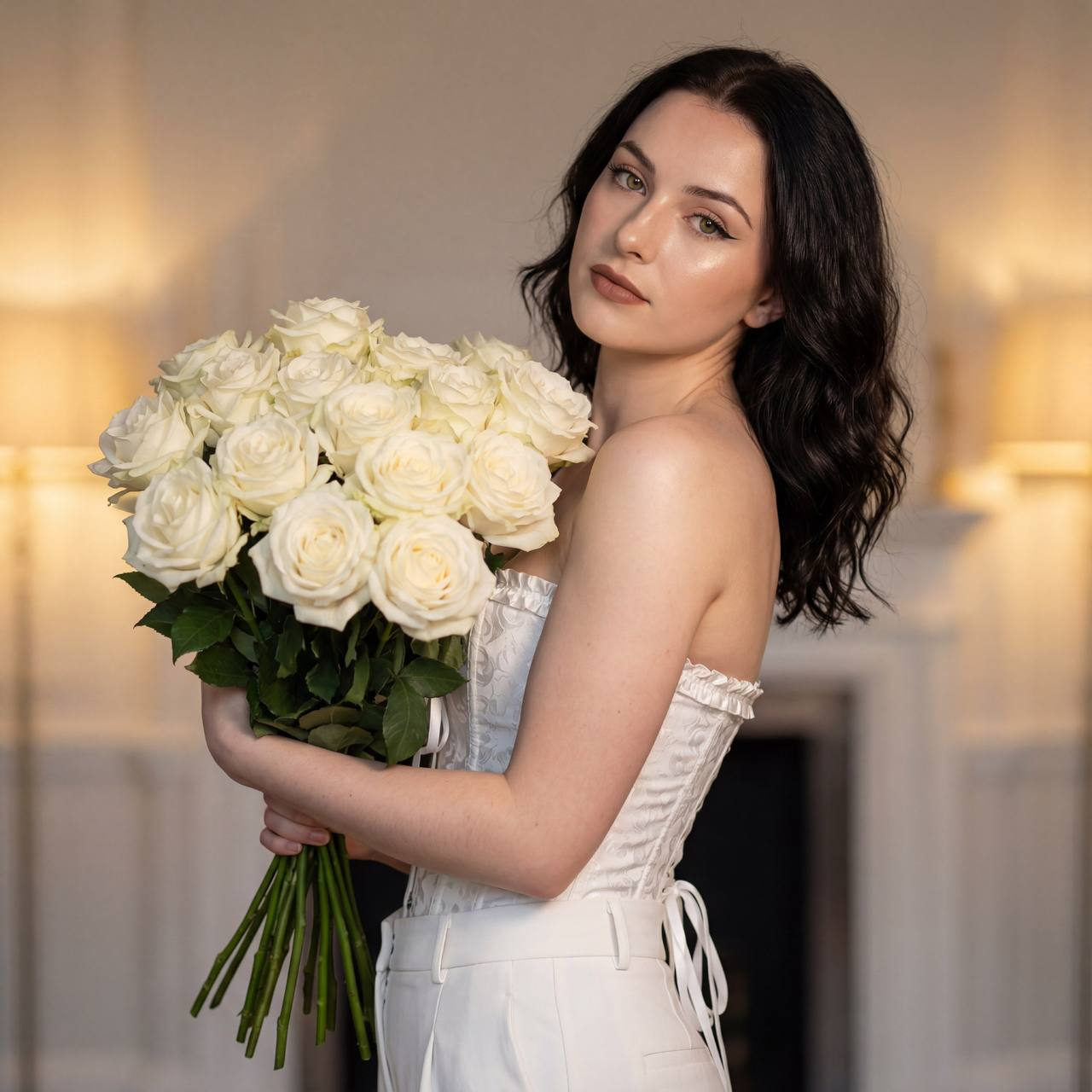 A woman with curled hair wearing a lace-up corset holds a large bouquet of roses in a bright hall with soft lighting.