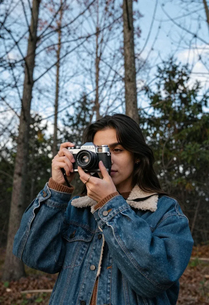 Young Woman Stands Forest Holding Vintage Camera Her Face Subject