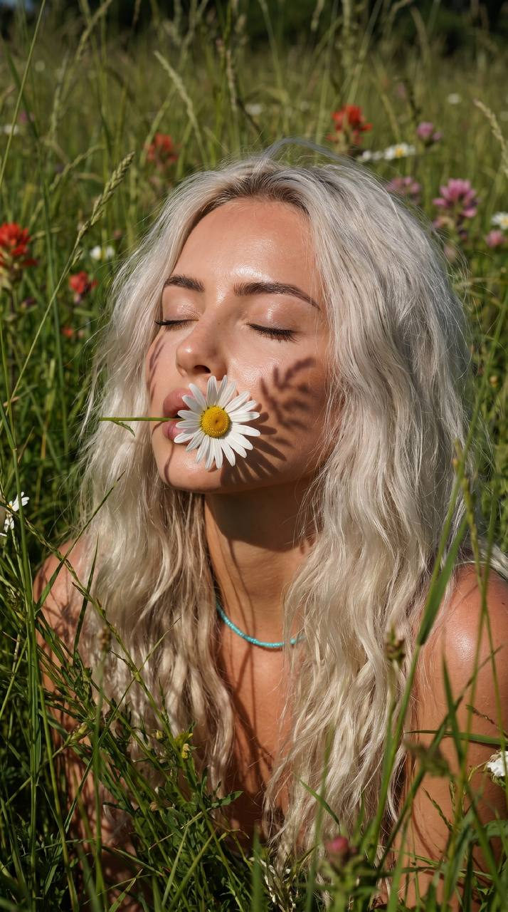 Submerged In Tall Grass With Chamomile