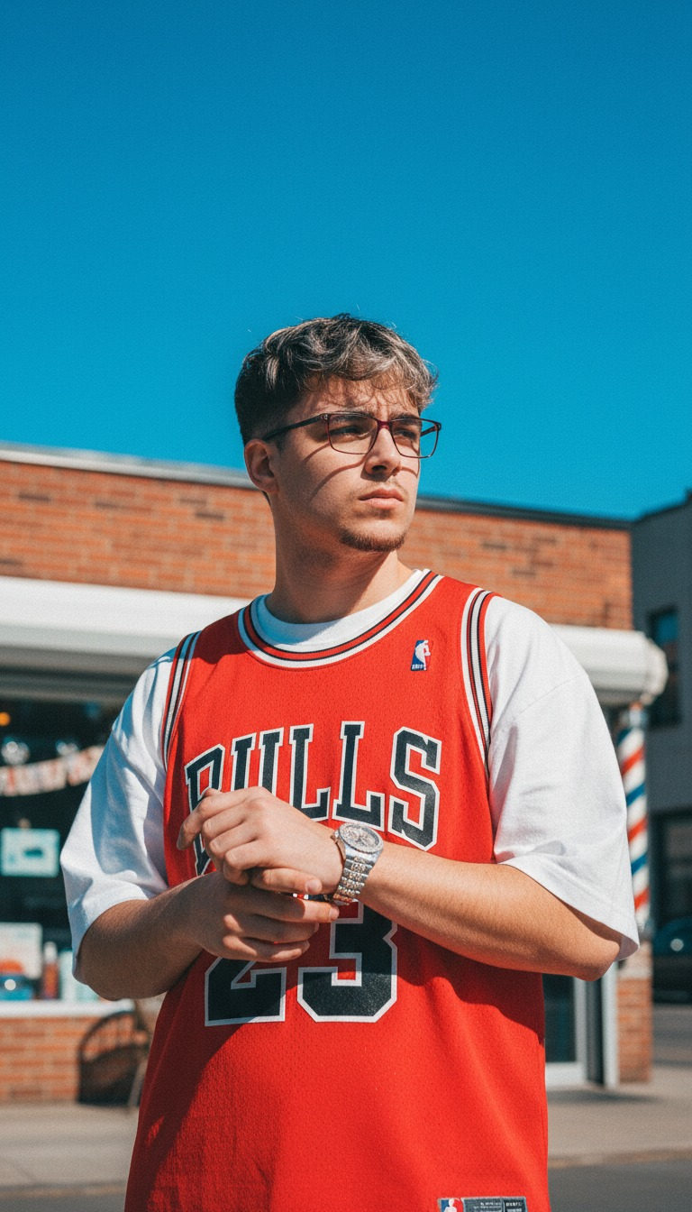 A man in a red Bulls tank top poses outdoors, showcasing his serious expression against a blurred urban background under a blue sky.