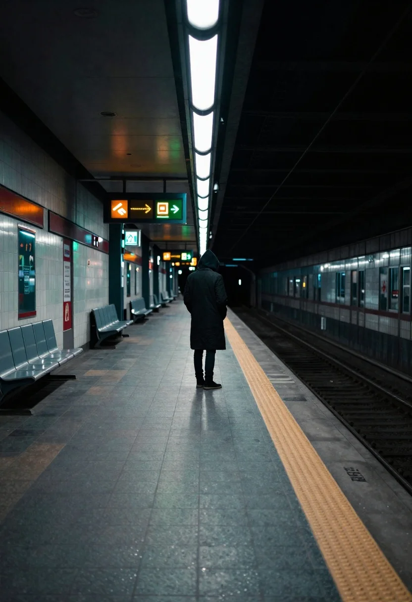Cinematic Wide Shot Solitary Figure Standing The Center Dark Subway reference photo