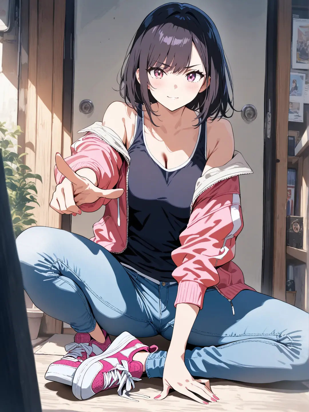 A vibrant anime girl wearing a stylish jacket, tank top, and jeans, confidently pointing at the viewer.